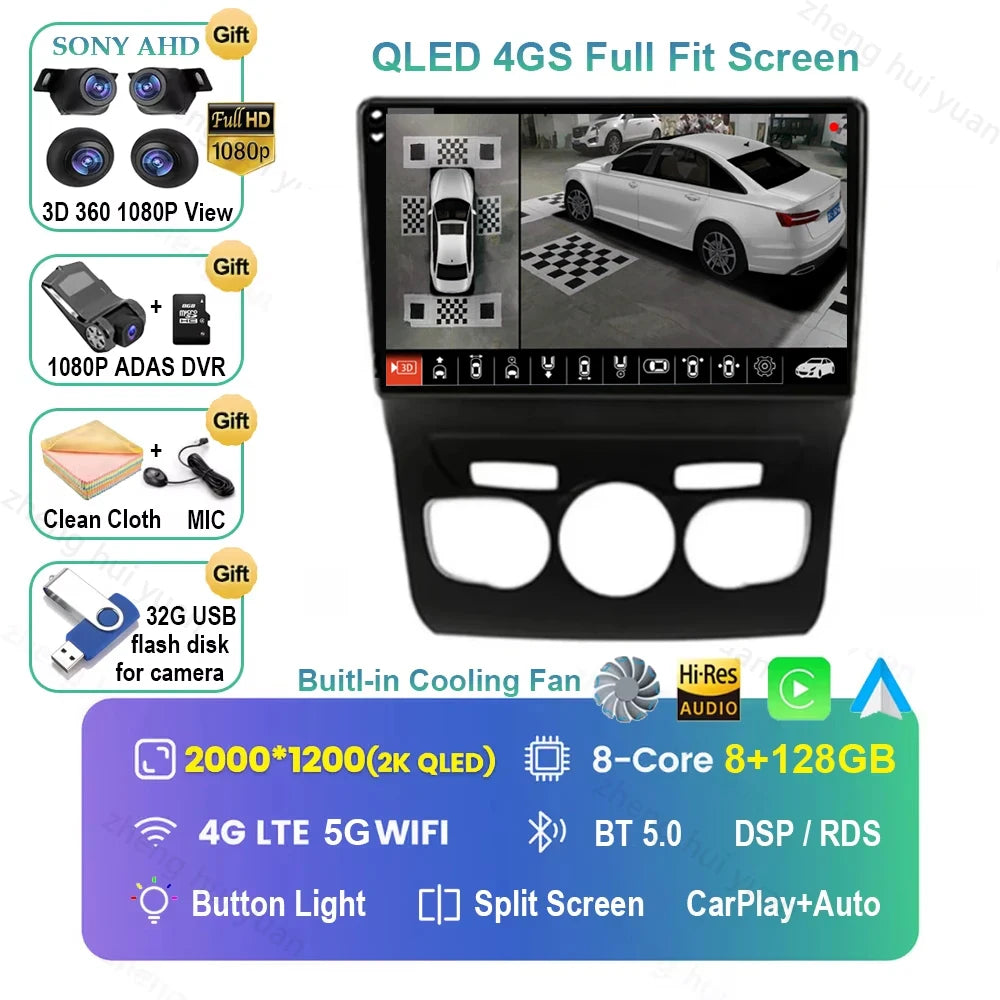 For Citroen C4 C4L DS4 2013 2014 2015 - 2017 Android 16 GPS WIFI 4G Carplay&Auto Car Radio Navigation QLED Multimedia Stereo Pla