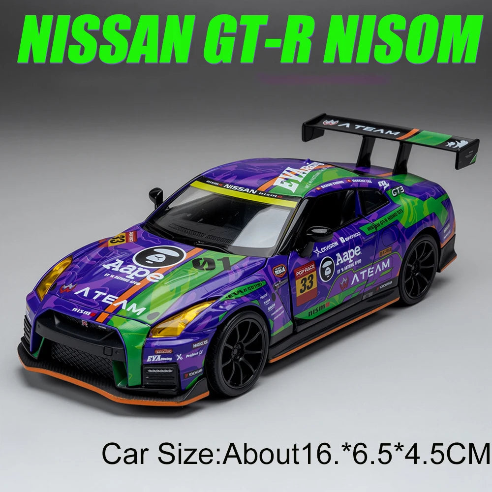 1:32 NISSAN GTR NISOM Car Toys Diecast Alloy Model Sound Light Pull Back Doors Opened Miniature Vehcies Children's Birthday Gift