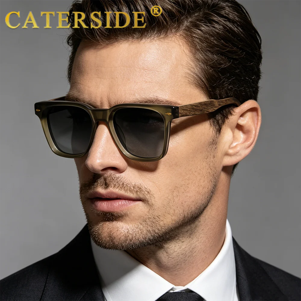 CATERSIDE New Vintage Square Polarized Men Sunglasses Wooden Leg Temples Women Fashion Eyewear for Outdoor Travel Driving UV400