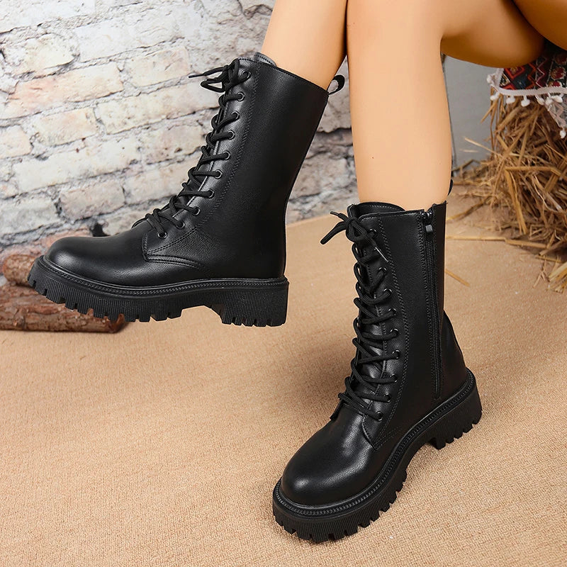 British Style Black Mid Calf Boots for Women Pu Leather Thick Heels Motorcycle Botas Mujer Autumn Winter Lace Up Boots Woman