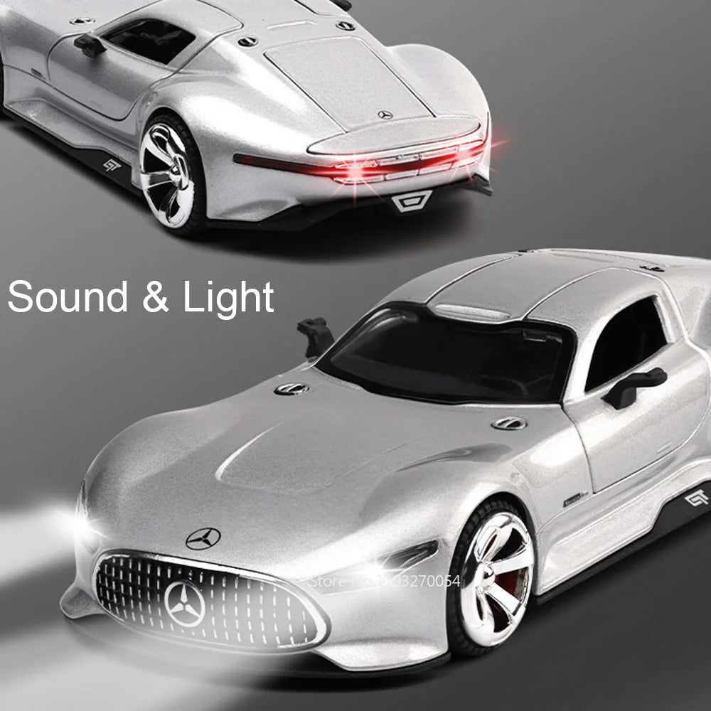 1:32 GT Sports Car SLR 772S Diecast Alloy Model Toys Doors Opened with Sound Light Pull Back Miniature Vehices for Children Gift