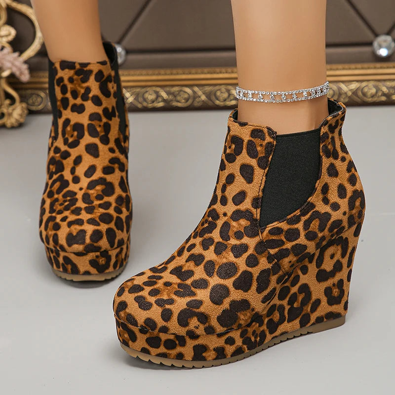 Leopard Print Chunky Wedges Ankle Boots Women Slip On Super High Heels Flock Boots Woman Plus Size 43 Platform Short Booties