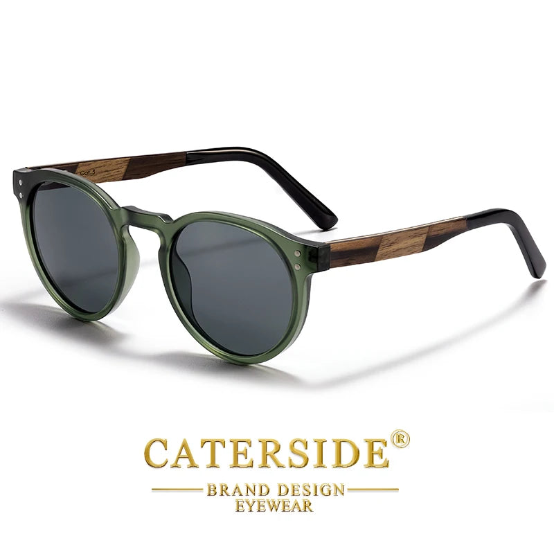 CATERSIDE Men's Round Sunglasses Solid Wood Temple High-Quality Spring Hinge Sun Glasses Women's Party Travel Eyewear UV400