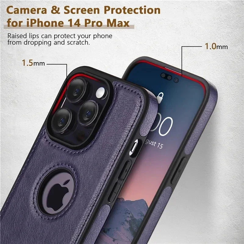 For iPhone 17 Air 11 12 13 14 15 Plus 16 Pro Max Business PU Leather Case Cowhide Logo Hole Shockproof Luxury Protective Cover