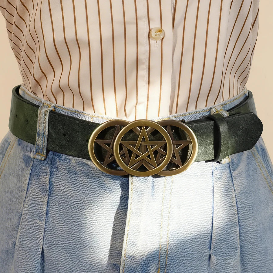Gothic Pentagram Belt Women Vintage Metal Buckle Two-Tone Embossed Waist Cinch Fashion Accessory