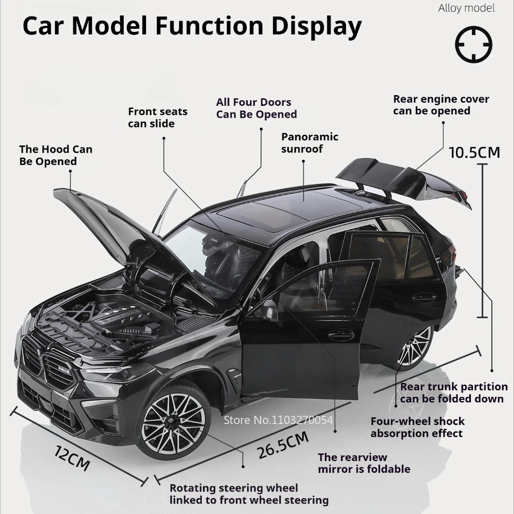 1:18 M3 CS LCI X5M Diecast Model Alloy Toys Car Doors Opened Front Wheel Steering Folding Rearview Mirror Cars Desktop Ornaments