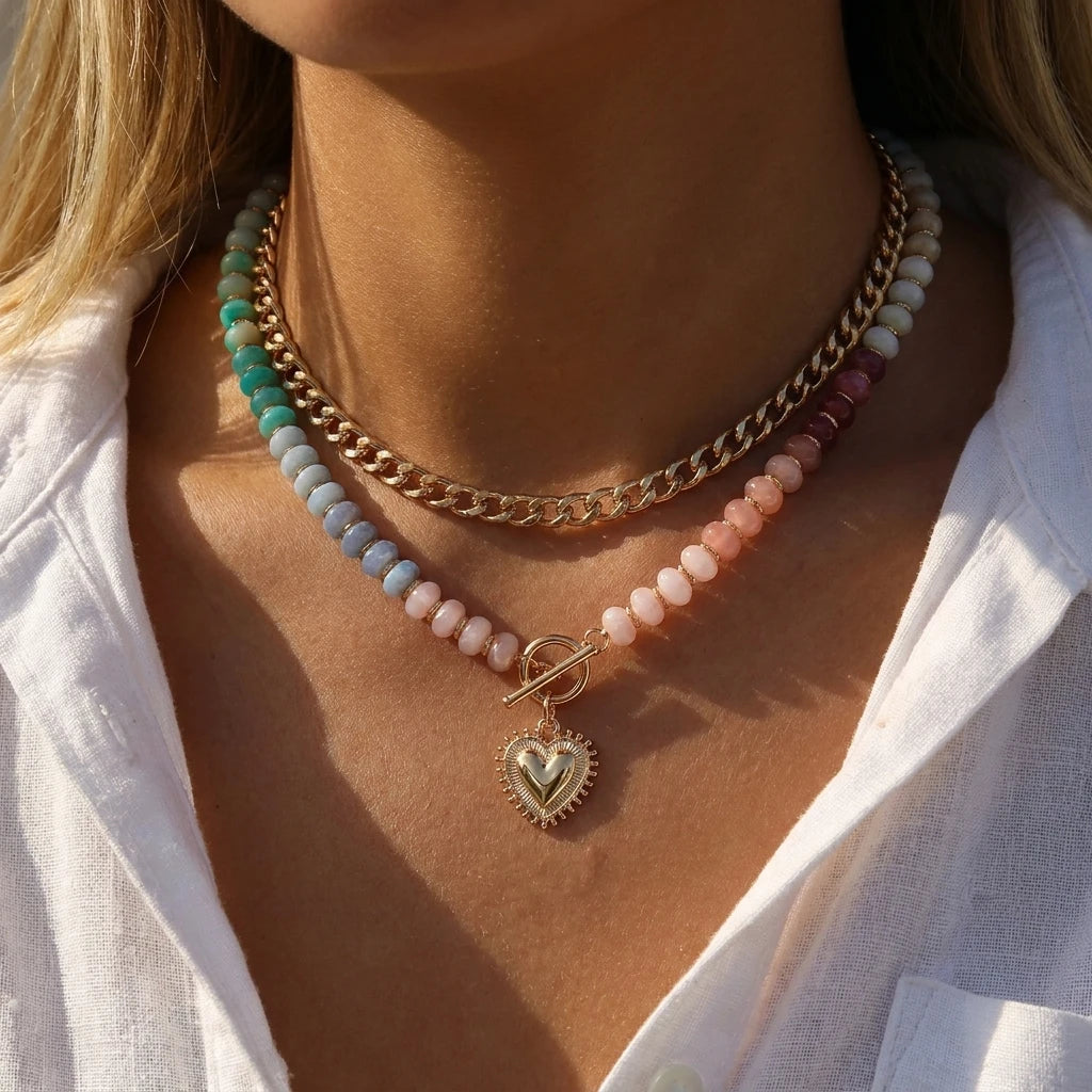 Y2K Dopamine Colorful Beaded Heart Necklace for Women Half Chain Half Bead Chunky Choker Pendant Necklace Statement Jewelry