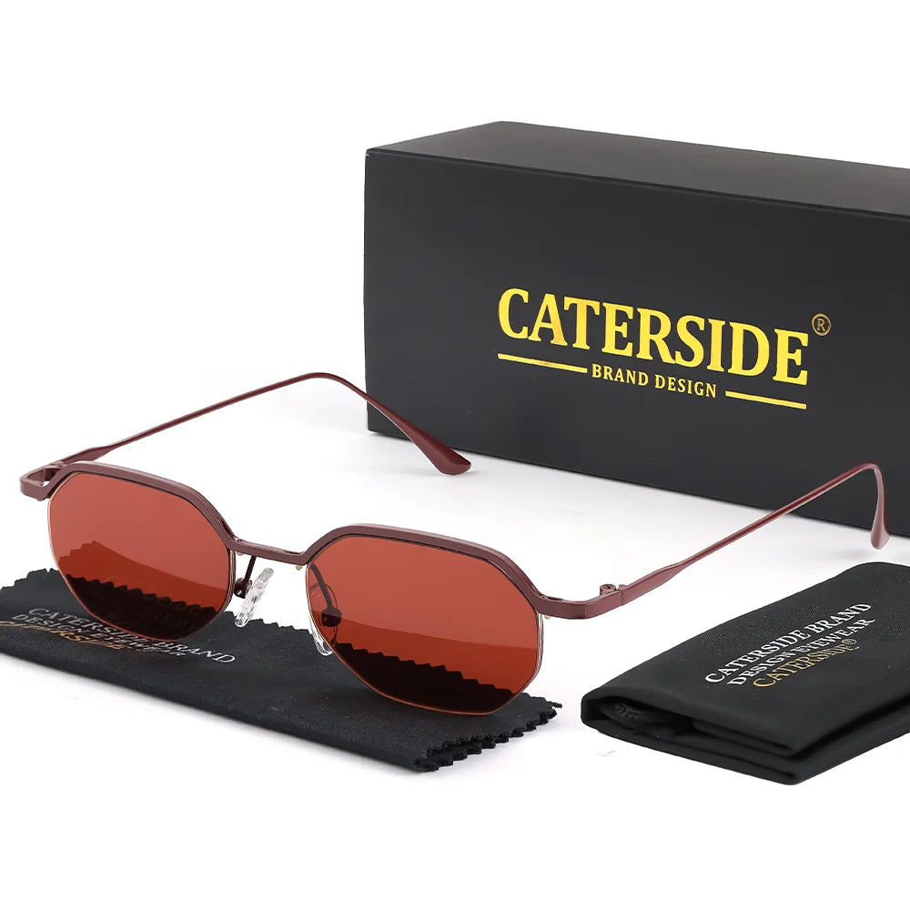 CATERSIDE Retro Polygon Sunglasses Men Metal Semi Rimless Sun Glasses Uv400 Women Outdoor Protection Driving Decorative Eyewear