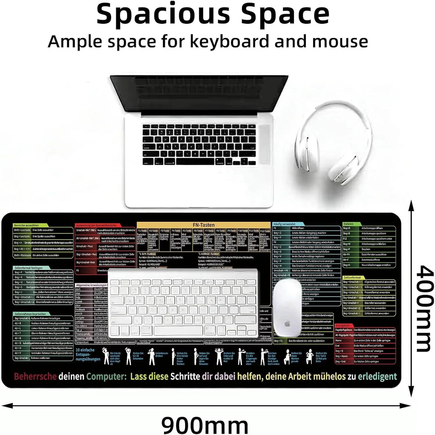 German Excel Mouse Pad XXL Desk Mat with Shortcuts for Excel, Word, PPT & Windows, Non-Slip Mouse Mat for Office Increases Speed