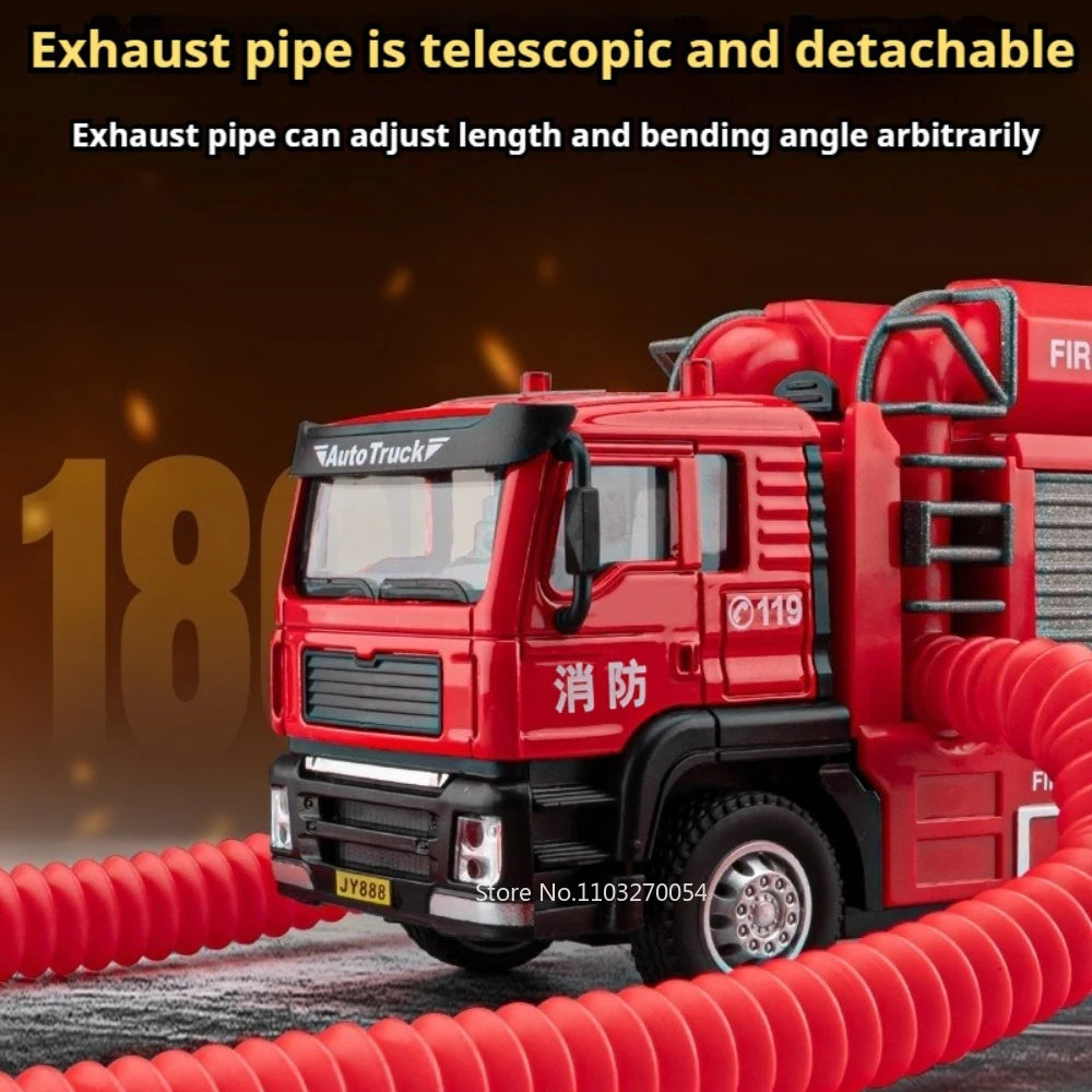 1:50 Spray Fire Truck Alloy Diecast Model Toys Car One Click Water Spray Sound Light Pull Back Removable Pipeline Cars Kids Gift
