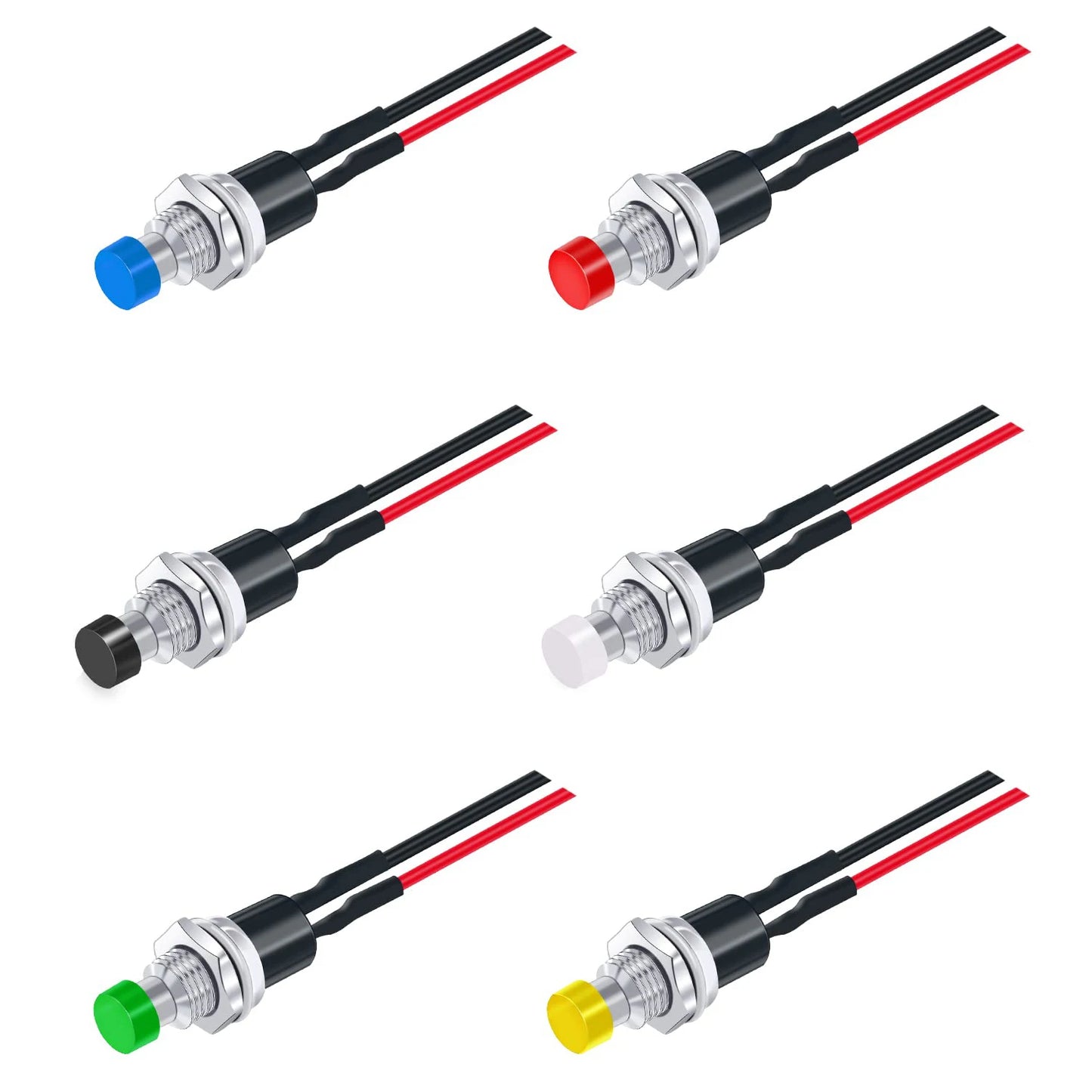6Pcs 1A 250V AC 2 Pins SPST 6 Colors Normal Open Mini Momentary Push Button Switch with Pre-soldered Wires