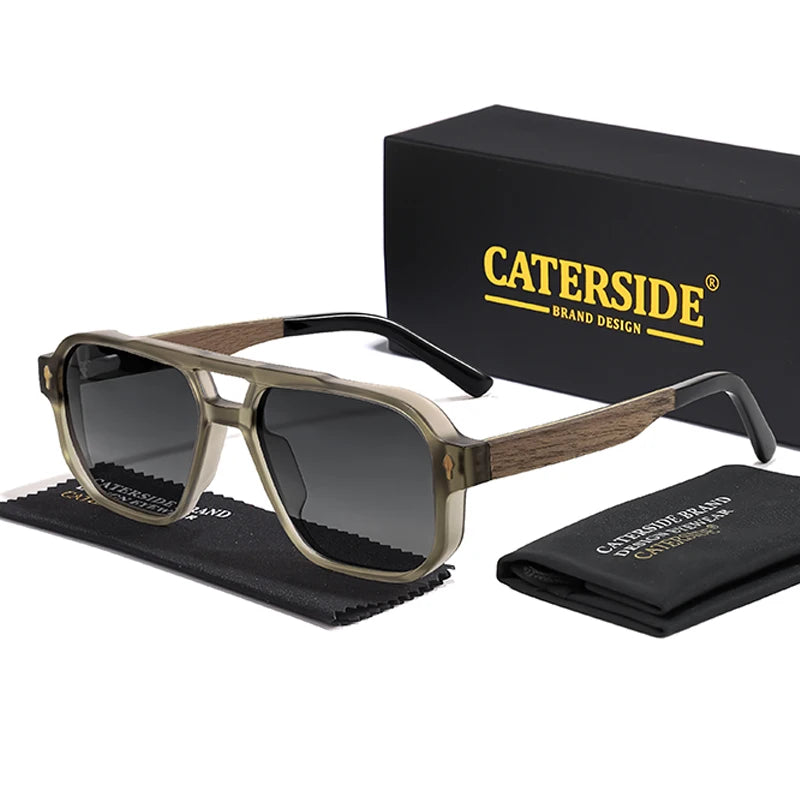 CATERSIDE Men's Polarized Pilot Sunglasses UV400 Premium Tr Frame & Wood Temple Retro Square Sun Glasses for Driving Fishing