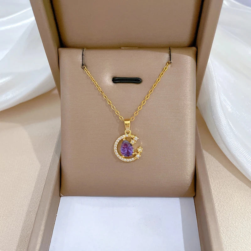 Stainless Steel Zircon Planet Star Pendant Necklace For Women Girl Elegant Aesthetic Clavicle Chain Necklace Jewelry Party Gift