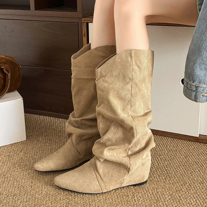 Khaki Faux Suede Mid Calf Boots for Women 2025 Fashion Pointed Toe Pleated Western Boots Woman Slip On Autumn Winter Booties