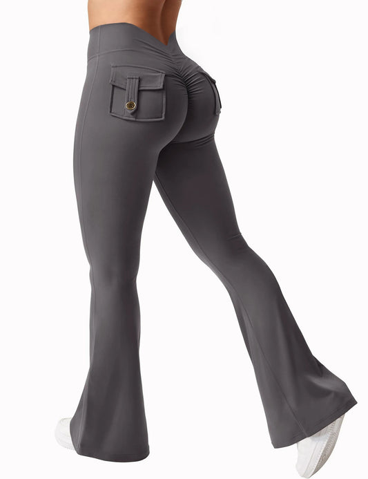 Women's High Waisted Relaxed Flare Wide Leg Fitness Yoga Cargo Pants With Pockets