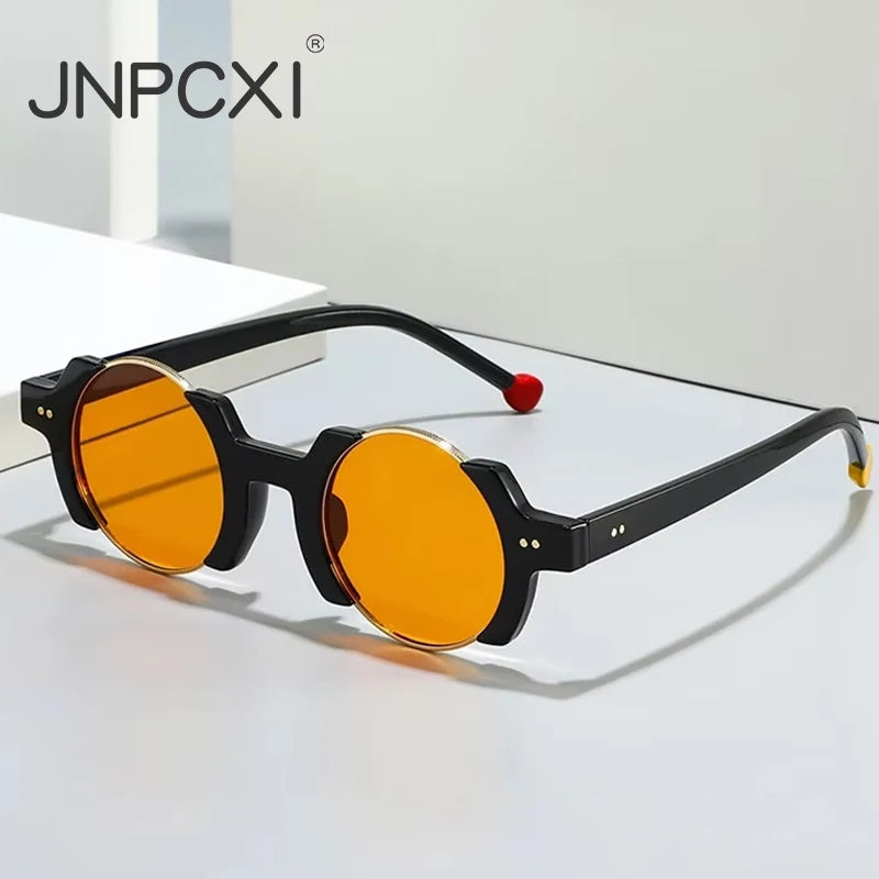 JNPCXI Ins Popular Fashion Round Women Punk Sunglasses Yellow Lens Retro Rivets Men Trending Sun Glasses Gradient Shades UV400
