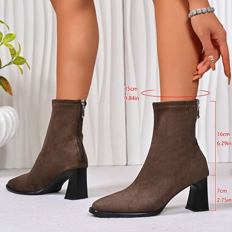 Flock Thick High Heels Ankle Boots Women Plus Size 42 Back Zipper Short Booties Mujer Small Square Toe Fashion Boots Woman