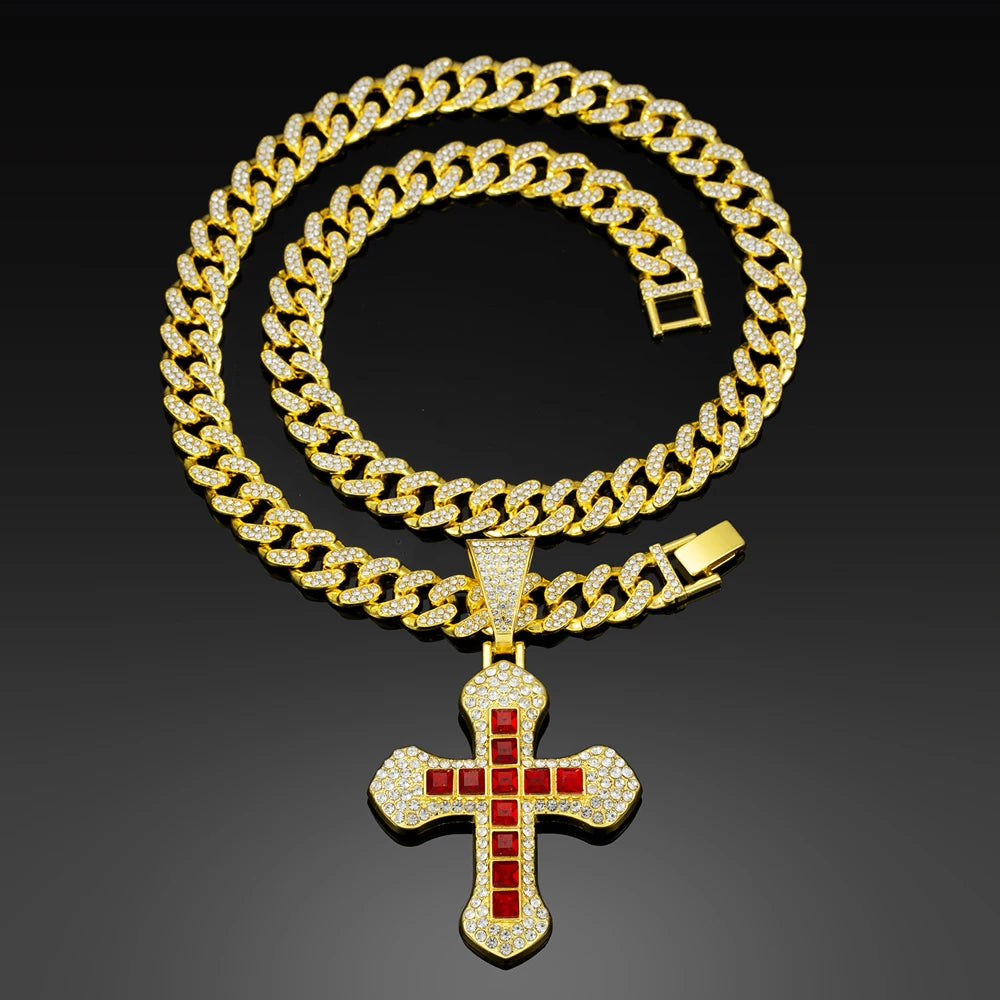 New Iced Out Bling Cross Pendant Necklace Rectangle Rhinestone Red Charm Hip Hop Men Cuban Chain Party Jewelry Accessories Gift
