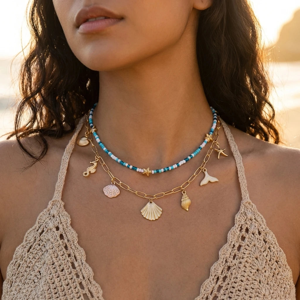 Tropical 2Pcs Layered Necklace Set For Women Ocean Themed Shell Seahorse Starfish Fish Tail Beaded Summer Beach Jewelry