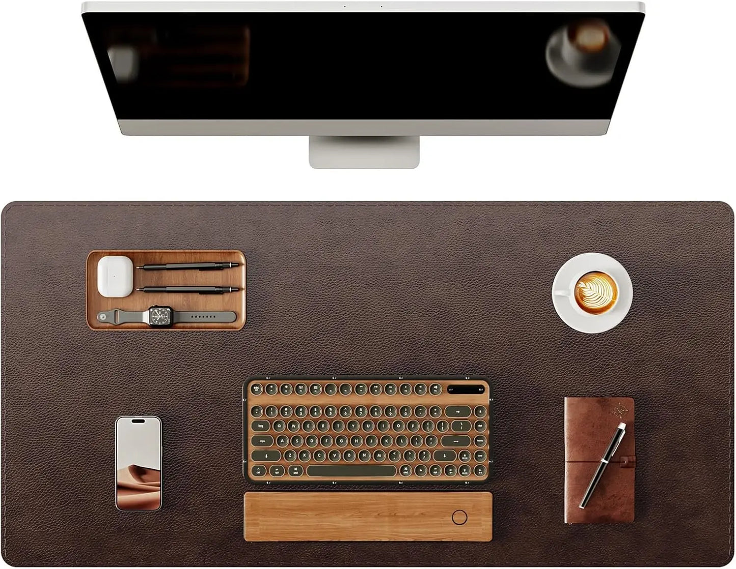 YSAGi Premium Real Leather Desk Mat, Stitched Edge Thick Office Table Pad, Anti-Slip Rubber Bottom Laptop Desk Cover
