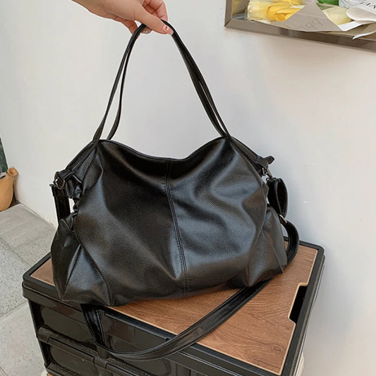 Big Black Shoulder Bags for Women Large Hobo Shopper Bag Solid Color Quality Soft Leather Crossbody Handbag Lady Travel Tote Bag
