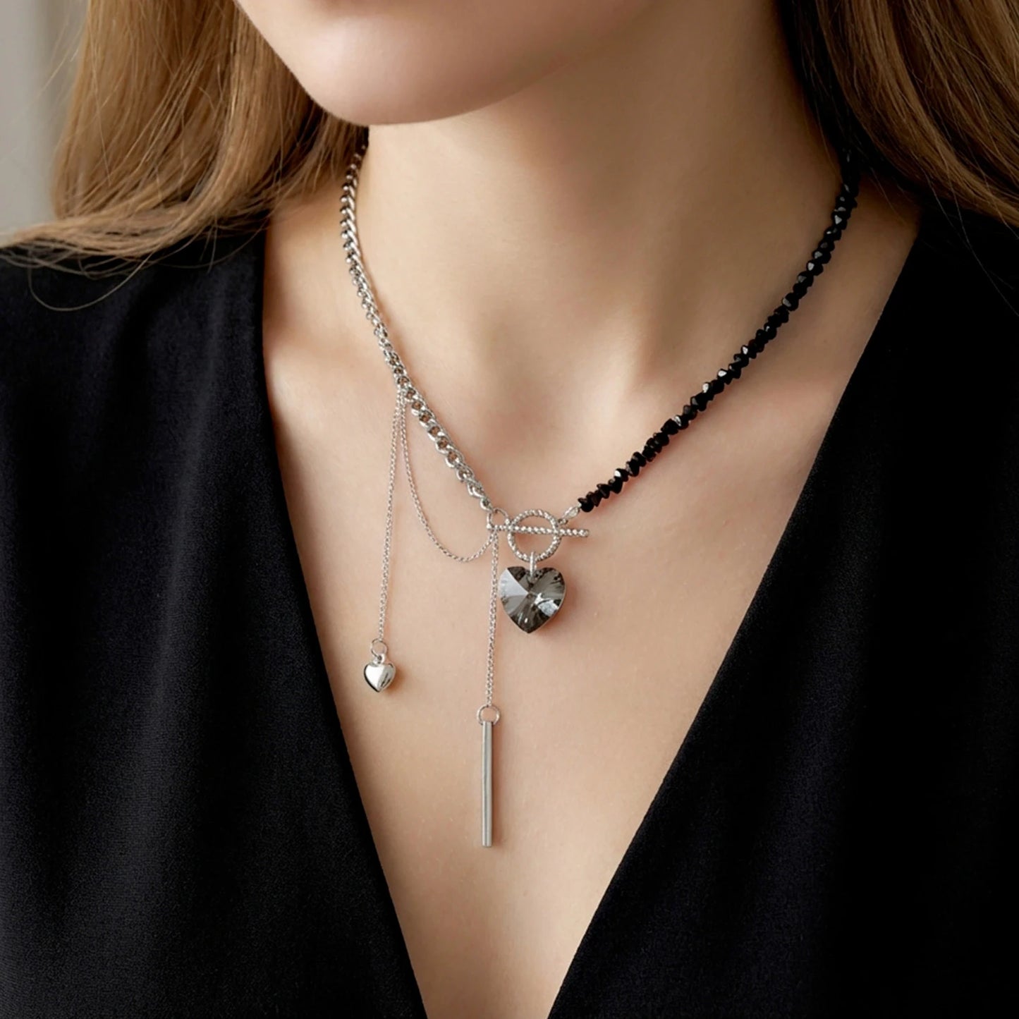Y2K Heart Tassel Beaded Choker Necklace for Women Boho Irregular Crystal Class Gravel Clavicle Chain Elegant Fashion Jewelry