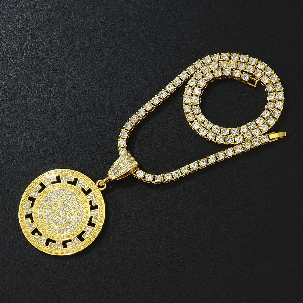 New Men Hip Hop Round US Dollar Money Sign Pendant Necklace With 4mm Tennis Chain Good Luck Necklace Hiphop Couple Gifts Jewelry