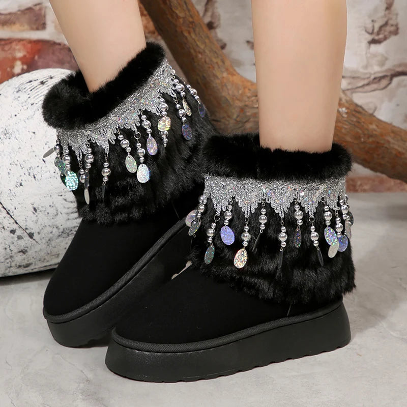 National Wind Sequins Fur Snow Boots Women Thick Sole Long Plush Winter Boots Woman Non Slip Cotton Padded Shoes Plus Size 43