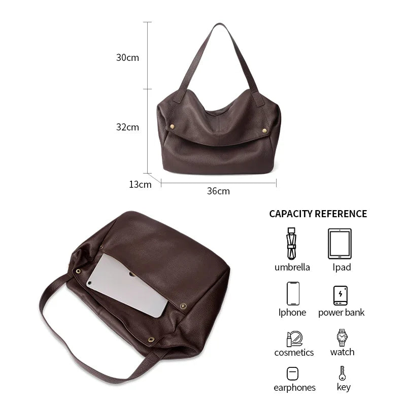 Genuine Cowhide Leather Large Slouchy Tote Bag for Women Pebbled Leather Foldable Shoulder Crossbody Bag Casual Leather Yoga Bag
