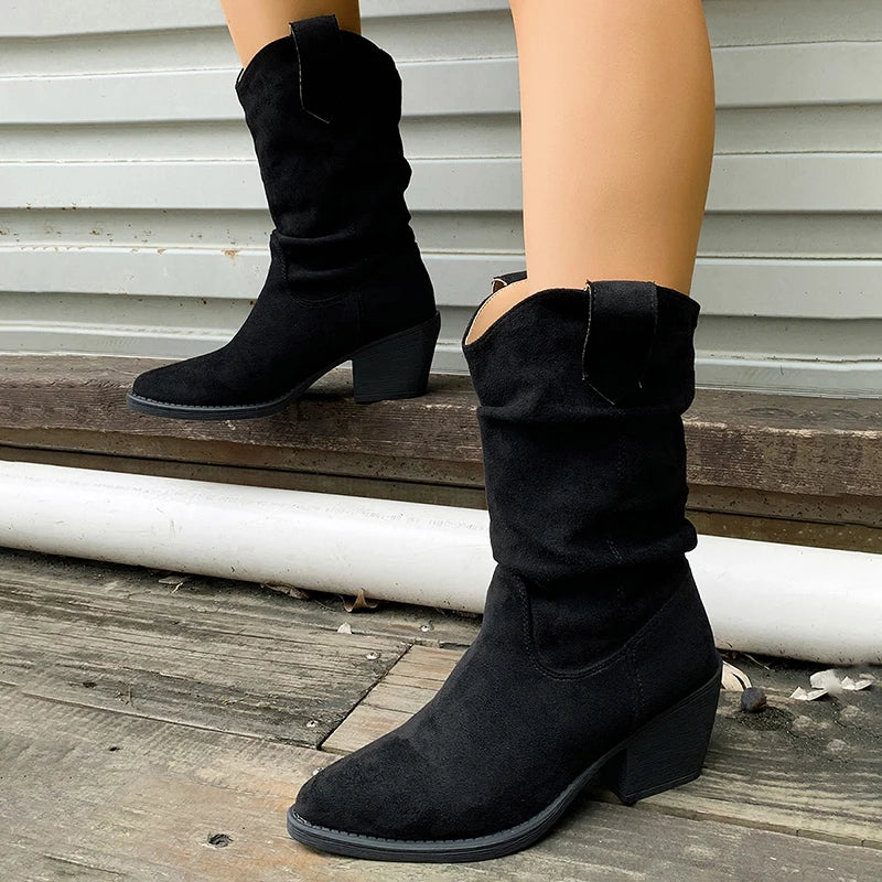 Brown Pointed Toe Thick Heels Western Boots Women Plus Size 43 Slip On Mid Calf Boots Woman Wide Leg Pleated Flock Botas Mujer
