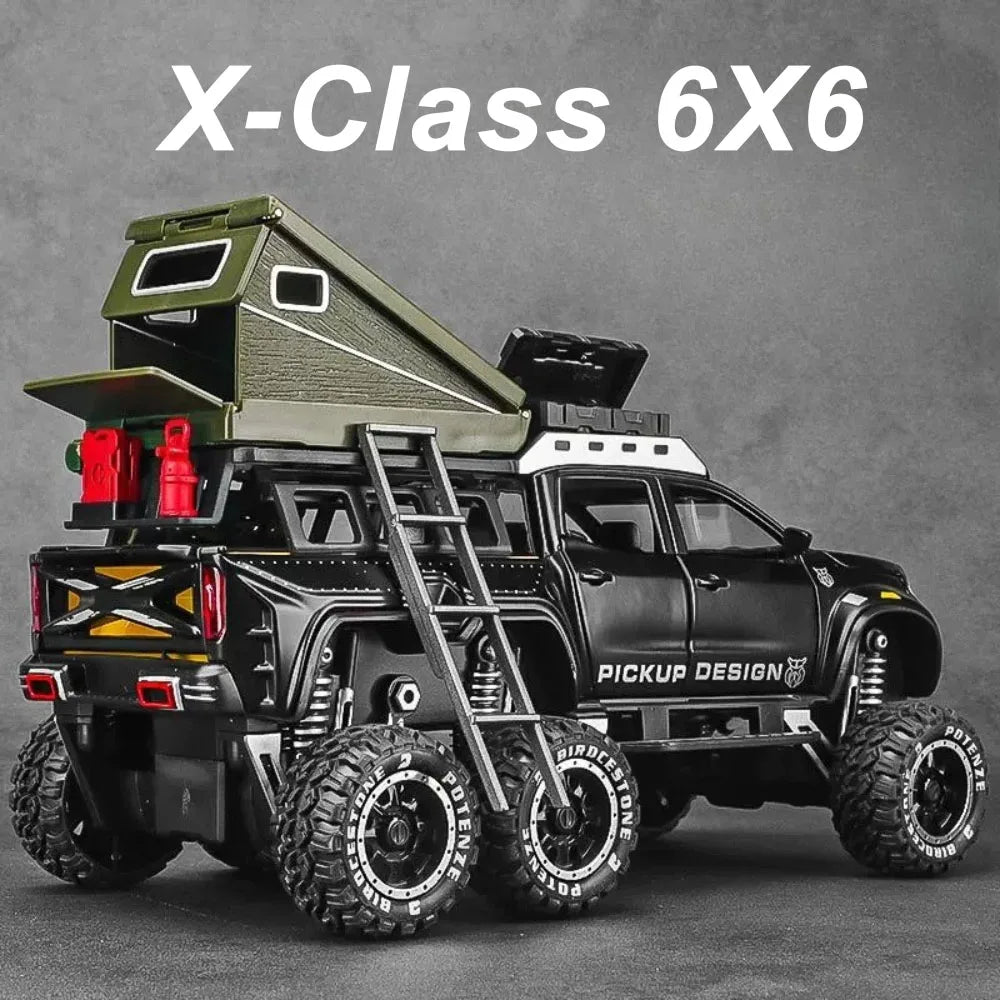 1:28 X-Class 6X6 Alloy Camping Car Model Toys Diecast Pickup Doors Opened with Sound Light Pull Back Vehices Boy's Birthday Gift