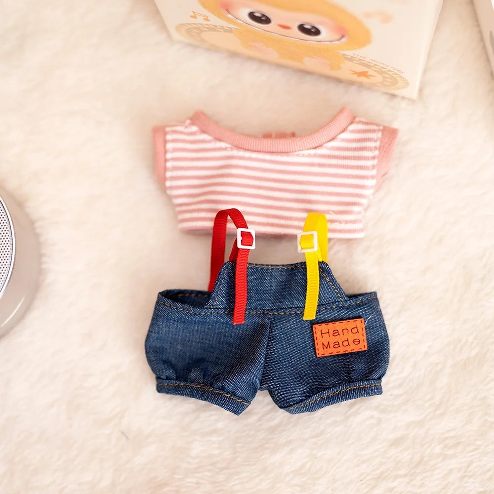 17 Cm Labubu Plush Toy Doll T-shirt with Denim Overalls Labubu Plush Toy Doll Pendant Clothes High quality