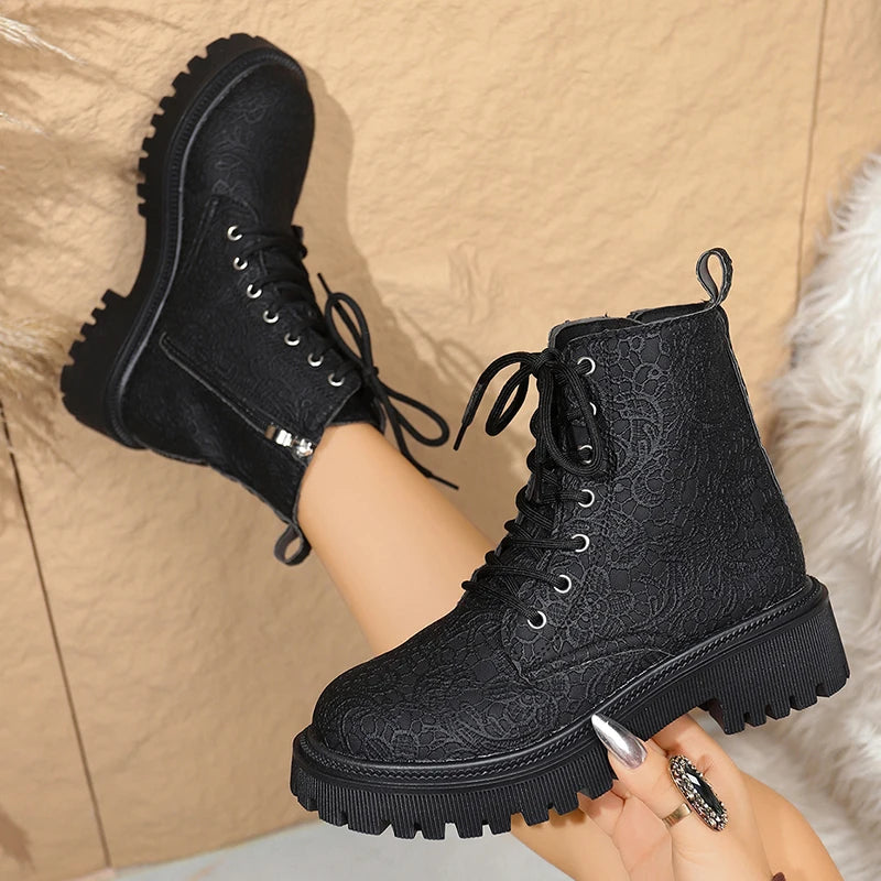 Flower Figure Thick Sole Short Boots Women Fashion Lace Up Platform Ankle Boots Woman 2025 Side Zipper Pu Leather Booties Mujer