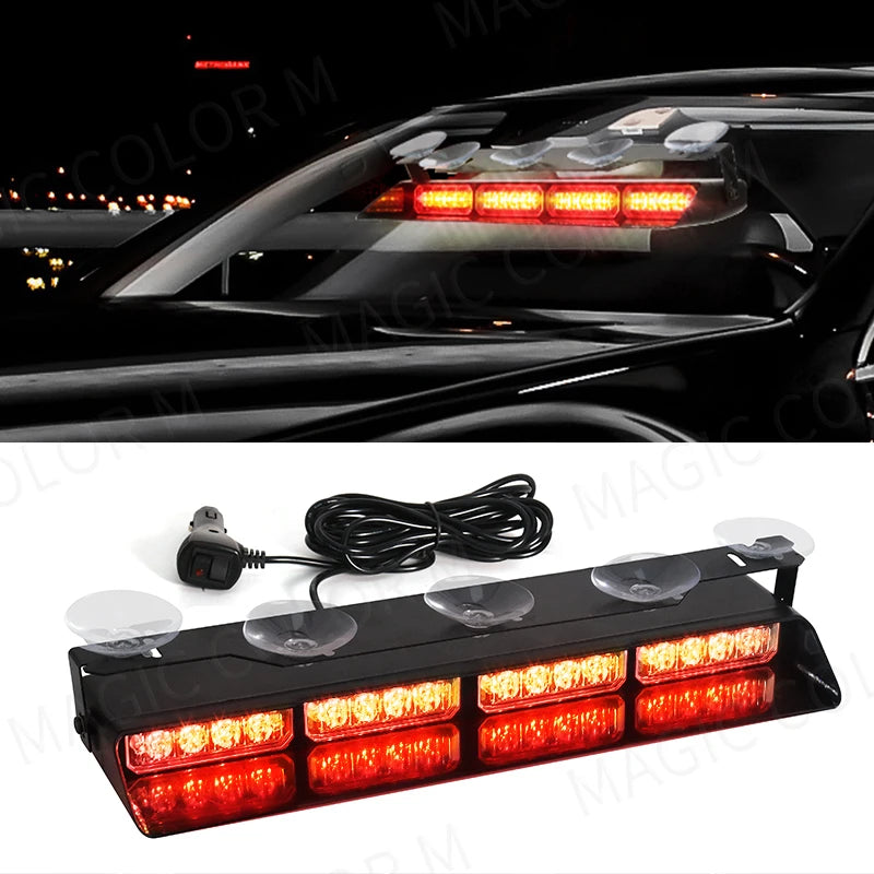 16 LED Car Strobe Light For Emergency Flash Warning Lamp Windshield Bar Red Blue Amber White Waterproof Auto Light Assembly 12V