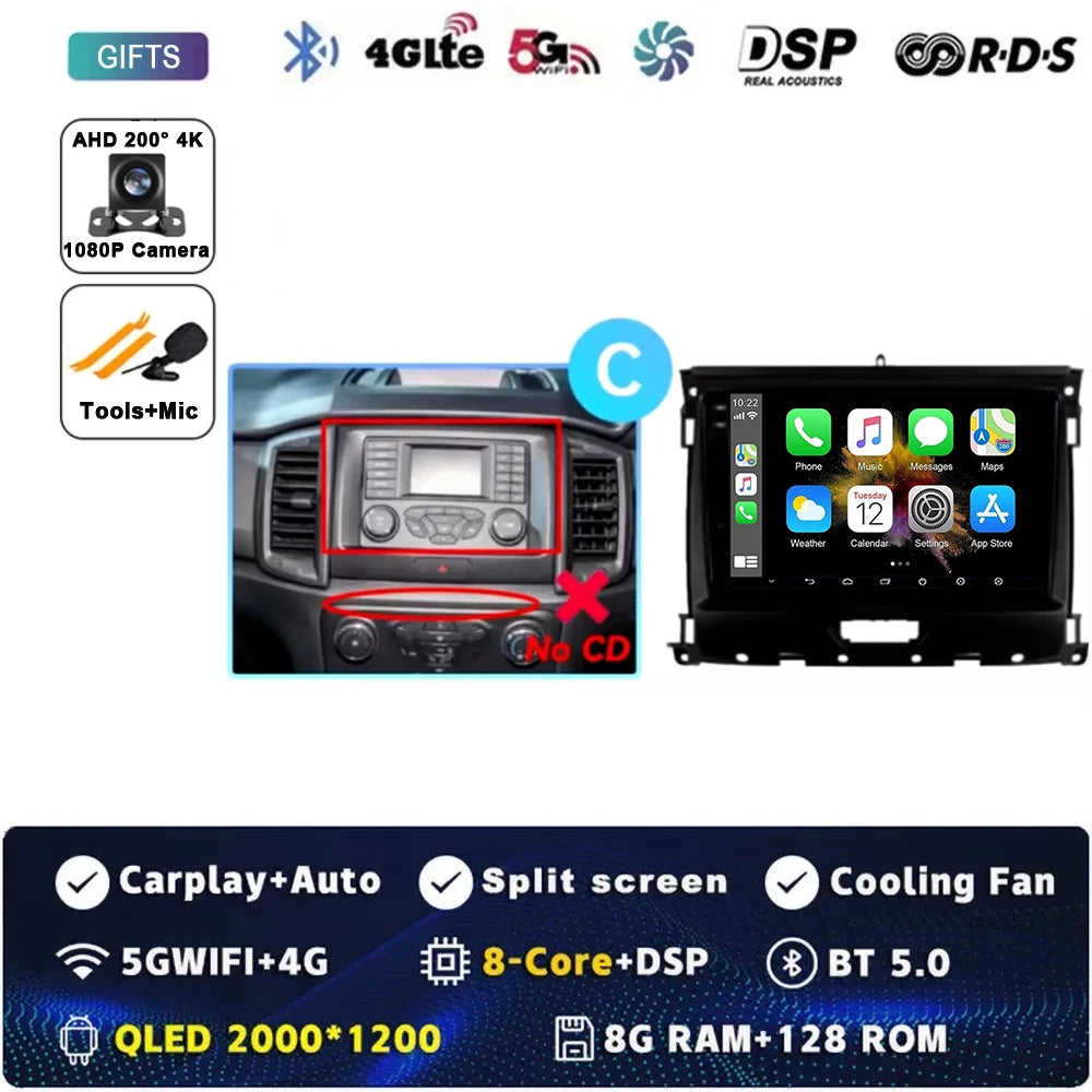 For Ford Ranger 2015 2016 2017 2018 2019-2022 Android 16 Car Radio Stereo QLED Screen GPS Multimedia Carplay Autoradio Head unit