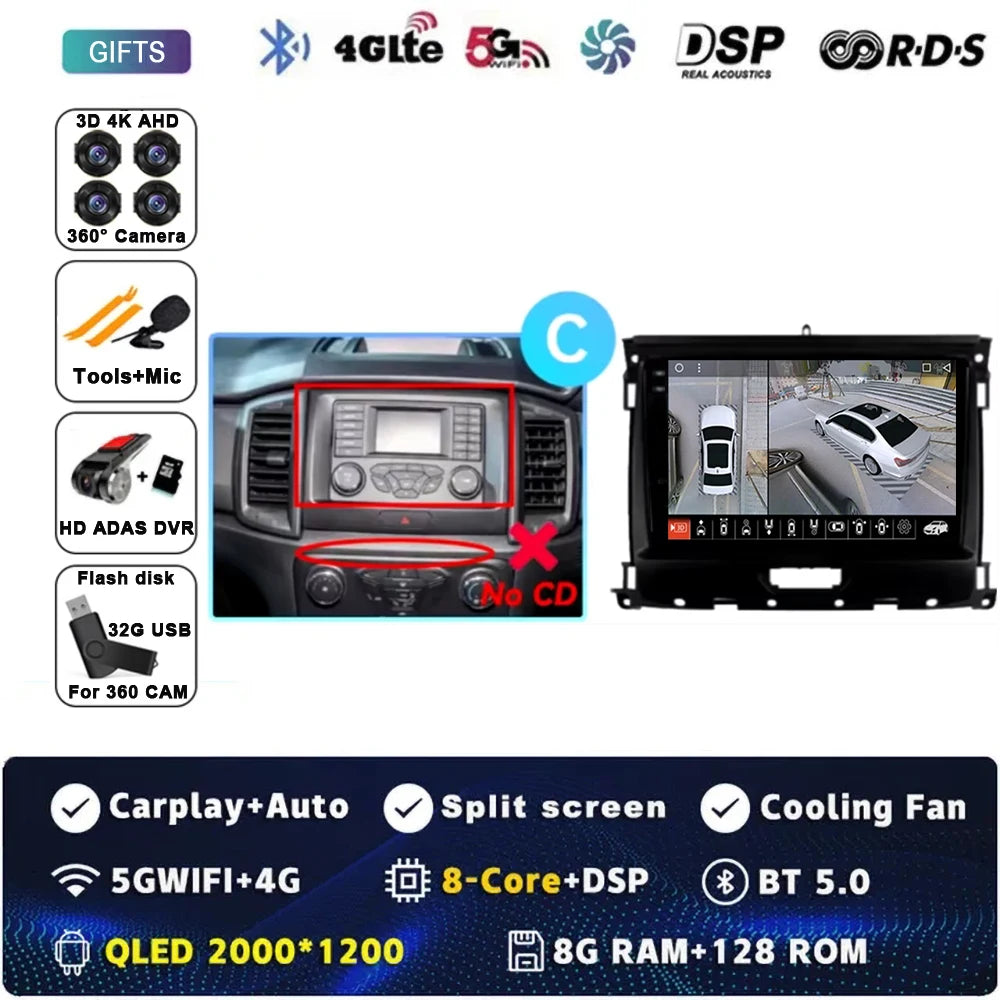 For Ford Ranger 2015 2016 2017 2018 2019-2022 Android 16 Car Radio Stereo QLED Screen GPS Multimedia Carplay Autoradio Head unit