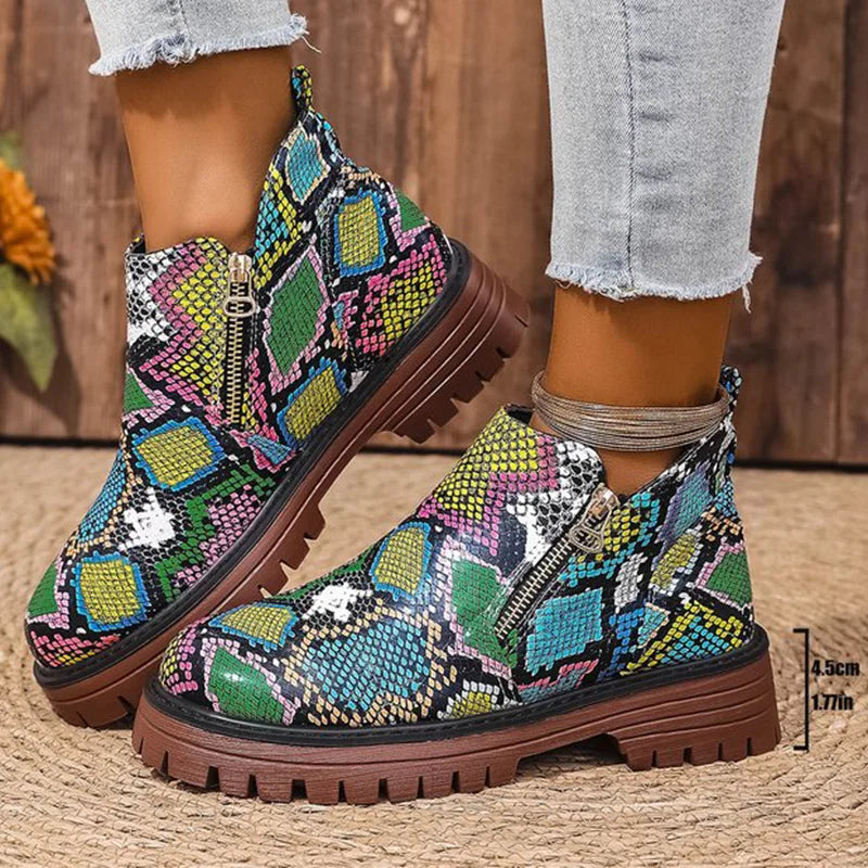 Fashion Snake Print Ankle Boots Women Spring Autumn Plus Size 36-43 Platform Boots for Woman Zipper Up Round Toe Botas Lady