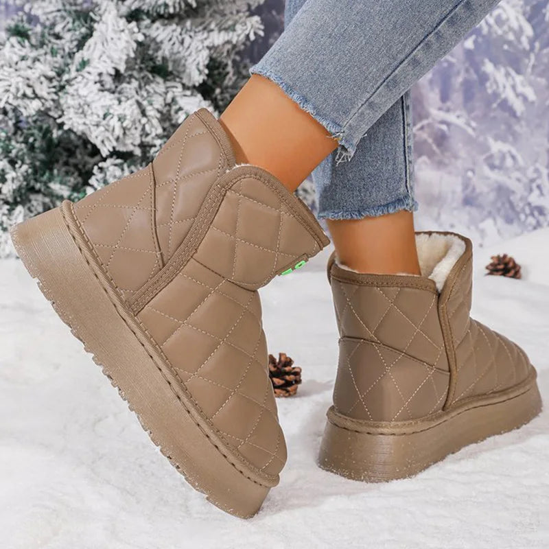 Khaki Platform Snow Boots for Women 2025 Winter New Non Slip Plush Warm Botas for Woman Korean Pu Leather Snow Boots Female