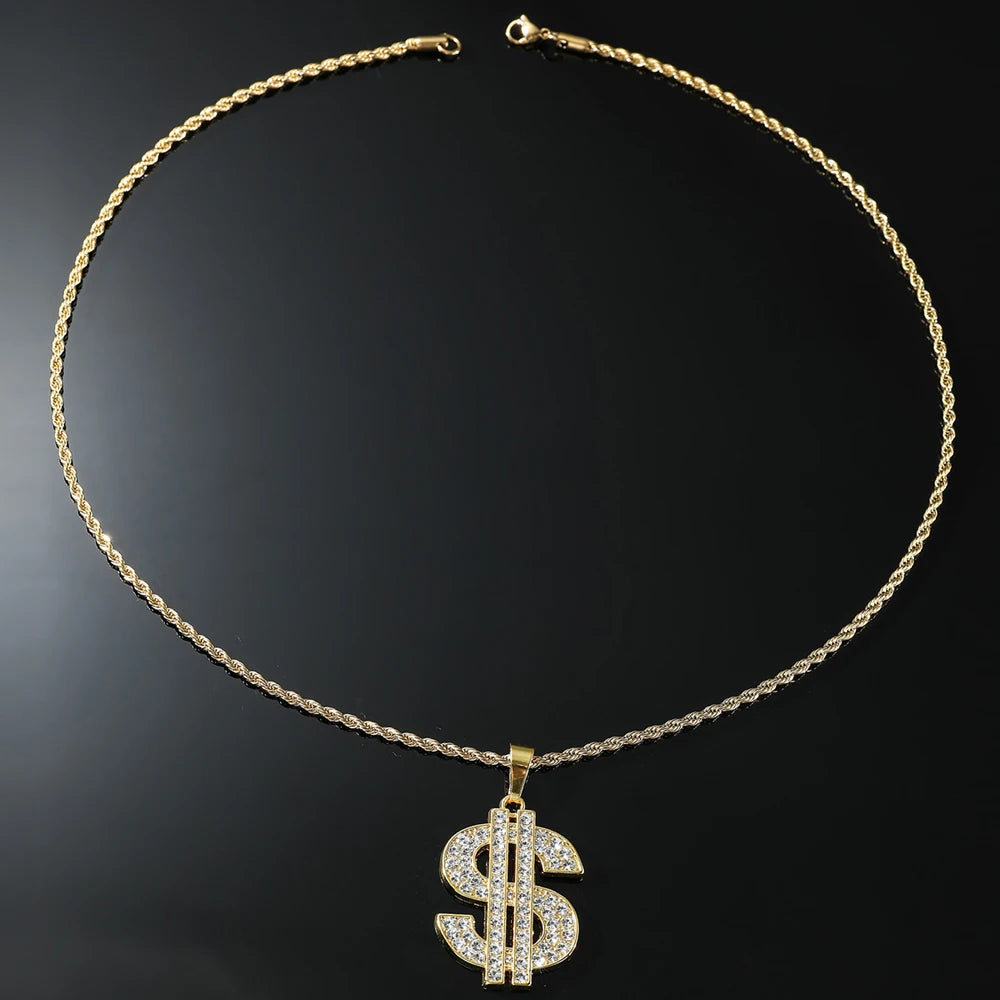 Hip Hop Rap Gold Color US Dollar Sign Pendants Necklaces For Men Women Punk Rhinestone Money Dollar Logo Fashion Jewelry Gifts
