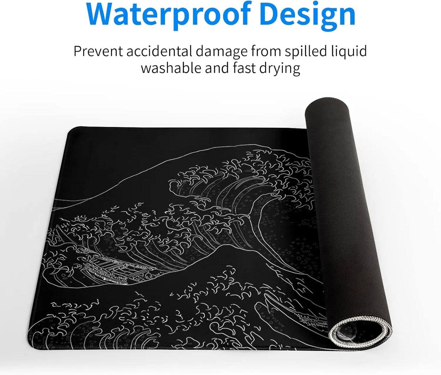 Japanese Sea Wave Large Mouse Pad, Anime Black Gaming, Extended Mat Desk Pad, 3mm Thick Long Non-Slip Rubber Base Mice Pad