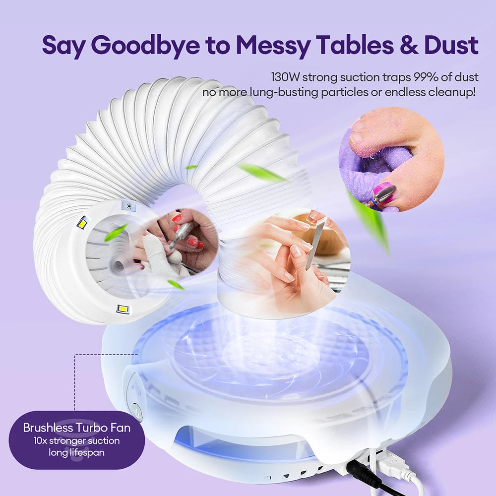 130W Brushless Double Use Nail Dust Extractor With Tube Elbow Nail Dust Collector Nail Art Manicure Powerful Vacuum Cleaner