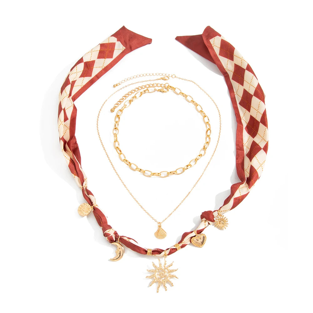 3Pcs Vacation Style Sun Shell Pendant Necklace Set Boho Ribbon Scarf Choker Layered Chain Summer Beach Jewelry Women