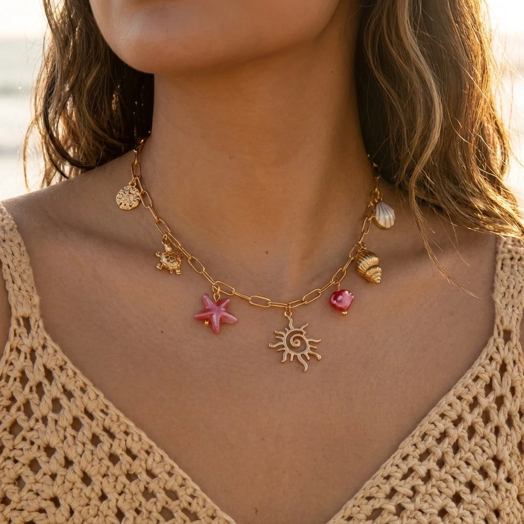 Bohemian Ocean Charm Necklace For Women Gold Tone Sun Starfish Turtle Shell Conch Summer Beach Jewelry