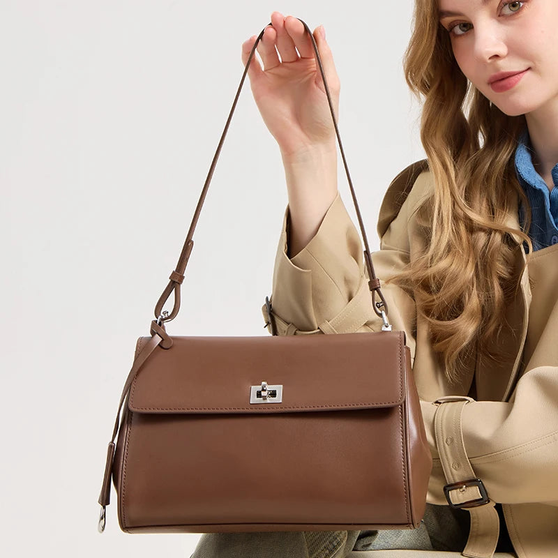 First Layer Cowhide Small Square Bag Women's Handbag New Genuine Leather Women's Bag Commuter Shoulder Crossbody Boston bag