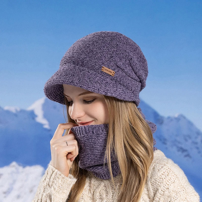 Xinbaoguan 100% Acrylic 8416 Winter Warm and Fleece Cold Protection Set for Women with brimmed Ear Protection Knitted Wool Hat