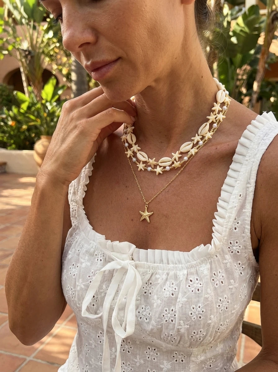 3Pcs Ocean Starfish Shell Conch Seed Bead Choker Layered Summer Beach Vacation Necklace Set