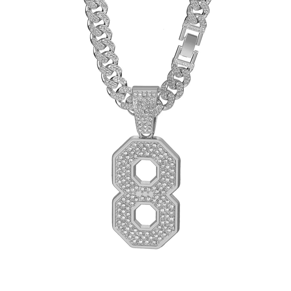 Men's Hip Hop Number 8 Pendant Necklace With 13mm Crystal Cuban Chain Luxury Lucky Number Necklaces for Men Jewelry Gift for Him
