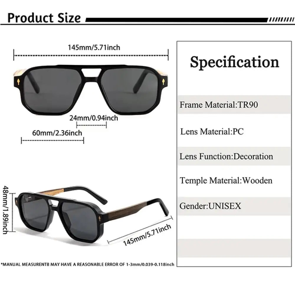 CATERSIDE Men's Polarized Pilot Sunglasses UV400 Premium Tr Frame & Wood Temple Retro Square Sun Glasses for Driving Fishing