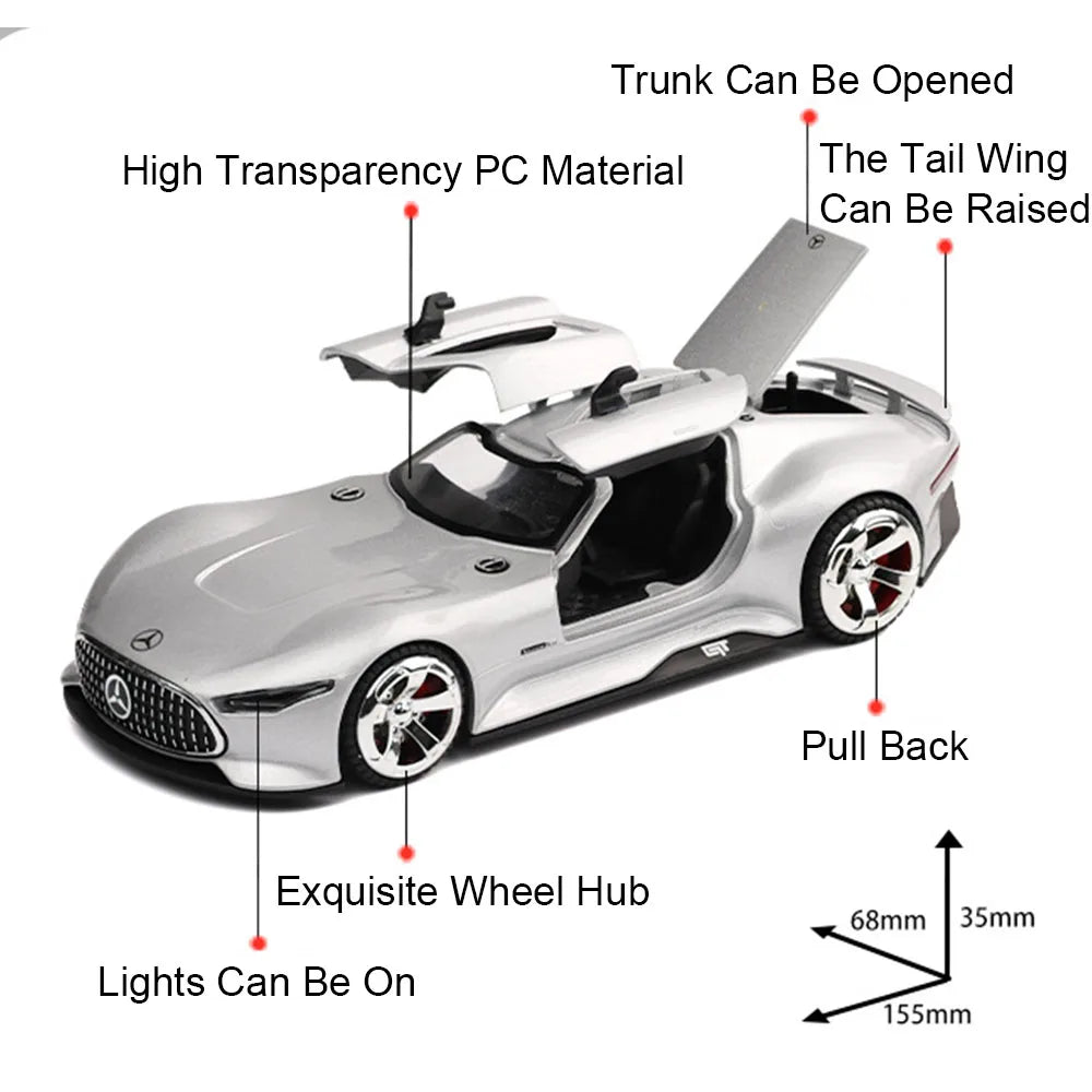 1:32 GT Sports Car SLR 772S Diecast Alloy Model Toys Doors Opened with Sound Light Pull Back Miniature Vehices for Children Gift