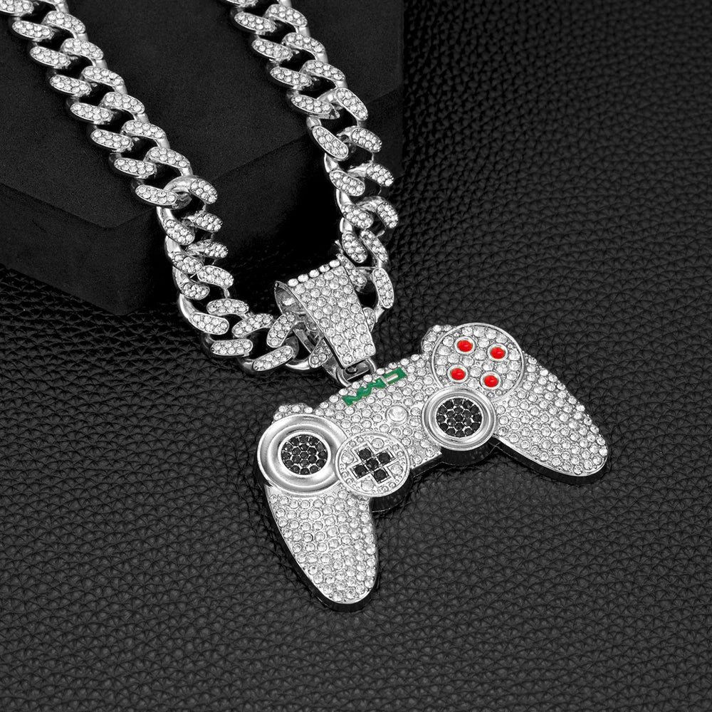 Men Hip Hop Game Machine Pendant Necklace With 13mm Crystal Play Game Controller Cuban Chain Necklace Fashion Cool Jewelry Gifts